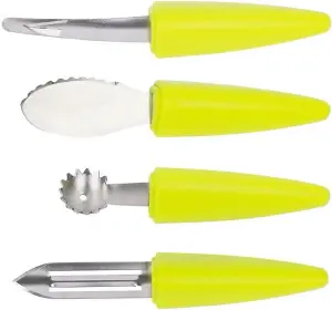 CALITEK 4 Piece Fruit Tool Set Stainless Steel Blades Dishwasher Safe Yellow