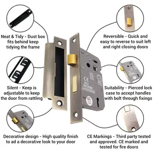 EAI Sashlock 80mm / 57mm Backset ANTIQUE BRASS 3 lever Internal Door 2 Keys CE UKCA & Fire Door Approved Anti Rattle Keep