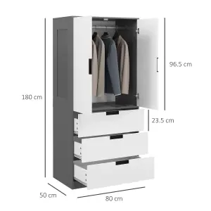 HOMCOM 2 Door Wardrobe Grey Wardrobe with 3 Drawer and Hanging Rod for Bedroom