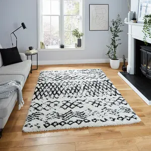 White Black Shaggy Geometric Moroccan Shaggy Modern Easy to clean Rug for Dining Room-200cm X 290cm