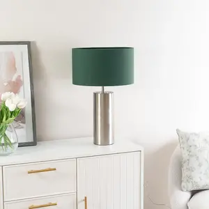 ValueLights Lexy Brushed Chrome Touch Table Lamp with Forest Green Drum Shade