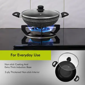 Royalford 32cm Non-Stick Induction Wok Pan with Glass Lid Deep Cooking Frying Pan Kadai