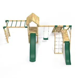 Rebo Wooden Climbing Frame with Swings, 2 Slides, Up & over Climbing wall and Monkey Bars - Brecon