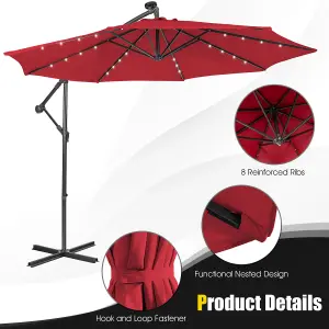 Costway 3 x 3m Cantilever Parasol Backyard Patio Offset Umbrella w/ 32 Solar-Powered LED Lights