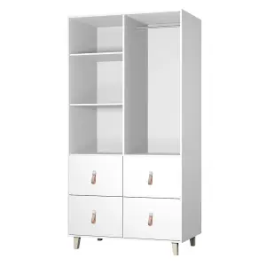 Elegant White Matt Hinged Wardrobe W104cm H202cm D55cm with Leather Handles & Wooden Legs