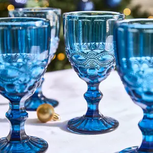 Set of 6 Vintage Luxury Sapphire Blue Drinking Wine Glass Wine Goblets 350ml