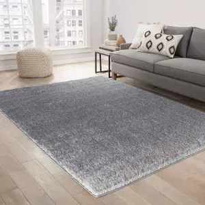 Modern Soft Plain Shimmer Shaggy Area Rugs Silver 80x150 cm