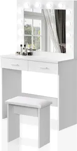 Tukailai White Dressing Table Set With Hollywood LED Lights, Mirror, 2 Large Drawers And Stool Vanity Makeup Table With Adjustable 3 Color LED