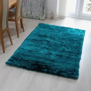 Dark Teal Super Soft Shaggy Handmade Modern Plain Sparkle Easy to Clean Rug For Dining Room Bedroom Living Room-120cm X 180cm