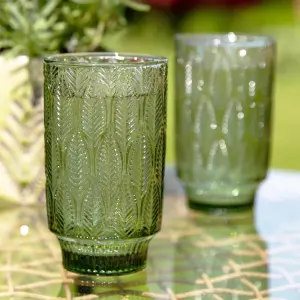 Set of 8 Vintage Luxury Green Trailing Leaf Drinking Tall Tumbler Glasses 450ml