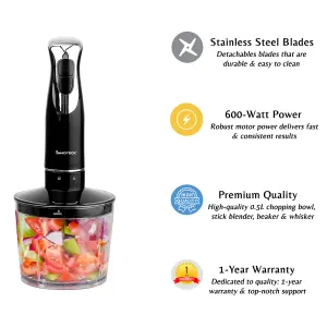 Innoteck Kitchen Pro 3 in 1 2 Speeds Multi-functional Hand Blender With 500ml Chopping Bowl, Whisk and Measuring cup -600W