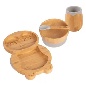 Tiny Dining - Penguin Bamboo Suction Baby Feeding Set - Grey - 4pc