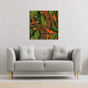 Green Tropical Leaves on Orange (Canvas Print) / 101 x 101 x 4cm