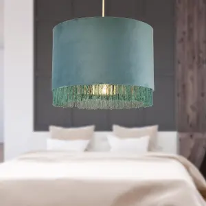 First Choice Lighting Set of 2 Teal Velvet With Chrome Inner Tassled Light Shades