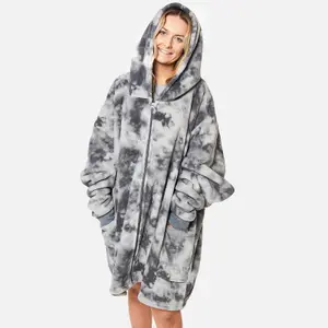 Dreamscene Tie Dye Zip-Up Oversized Hooded Blanket Sweater, Charcoal - Adults