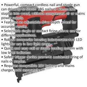 20V Cordless Staple & Nail Gun - 18 SWG - BODY ONLY - Safety Trigger System