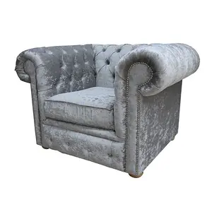 Chesterfield Low Back Club Chair Shimmer Silver Real Velvet Fabric In Classic Style