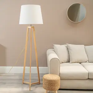 ValueLights Lottie Natural Wood Tripod Floor Lamp with White Tapered Shade - LED Bulb Included