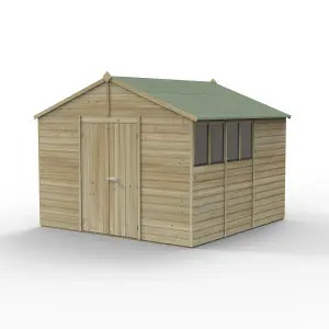 Forest Garden Beckwood Shiplap 10x10 ft Apex Natural timber Wooden Pressure treated 2 door Shed with floor & 4 windows - Assembly service included