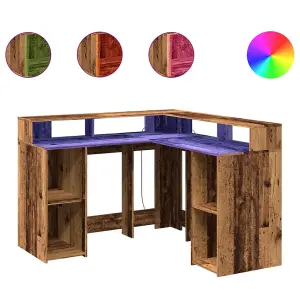 Berkfield Desk with LED Lights Old Wood 130x130x91 cm Engineered Wood