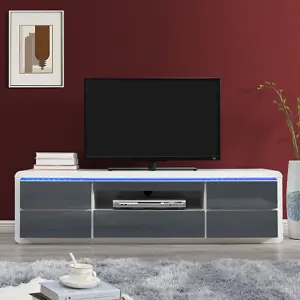 Frame TV Stand With Storage Living Room and Bedroom, 1600 Wide, LED Lighting, Media Storage, White And Grey High Gloss Finish