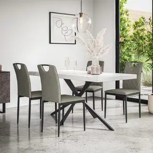 Donni Dining Table And Chairs -  White Marble Effect Table Top w Black Legs + Monza Linen Dining Chair Set Of 4 (Grey)