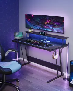 VASAGLE Gaming Desk with LED Lights and Built-In Power Outlets, Computer Desk with Monitor Shelf, Gaming Table for 2 Monitors