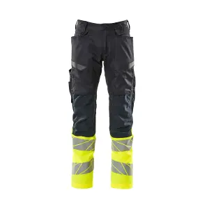 Mascot Accelerate Safe Trousers with Kneepad Pockets - Dark Navy/Hi-Vis Yellow   (32.5) (Leg Length - Long)