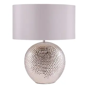 First Choice Lighting Dimpled Textured Oval Chrome Plated Ceramic Bedside Table Light Base with Grey Faux Silk Oval Fabric Shade