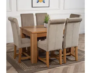 Dakota 127 x 82 cm Chunky Oak Small Dining Table and 6 Chairs Dining Set with Washington Grey Fabric Chairs