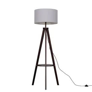 Ismay 149 cm Morrigan Wood Tripod Floor Lamp with Shelf & XL Reni Shade Light Brown / Grey / No