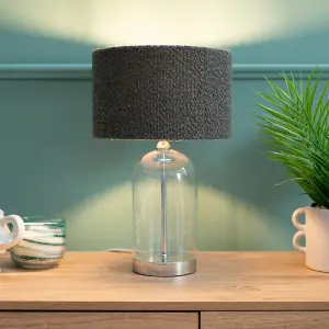 ValueLights Jessy Glass and Silver Chrome Metal Bedside Table Lamp with a Charcoal Grey Boucle Lampshade