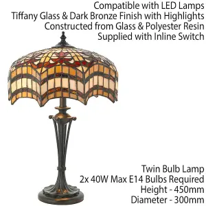 Tiffany Glass Table Lamp Light Dark Bronze & Multi Colour Scalloped Shade i00231