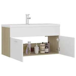 Berkfield Sink Cabinet with Built-in Basin White and Sonoma Oak Engineered Wood