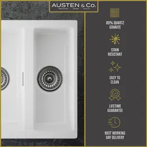 Austen & Co. Florence Inset & Undermount 1.5 Bowl Reversible Granite Kitchen Sink With Strainer & Over Flow Kit - White