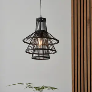 Luminosa Minato Single Pendant Ceiling Lamp, Dark Bamboo, Matt Black