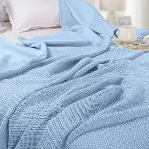 EHC Cotton Soft Hand Woven Reversible Lightweight Light Blue Adult Cellular Blanket, Single 180 x 230cm