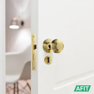 AFIT Beehive Key Lock Door Knob Set Polished Brass - 1 Pair of Reeded Mortice Knobs (55mm), Sash Lock (80mm) & Hinges (76mm)