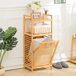 Bamboo Tilt Out Laundry Cabinet Hamper Basket with Liner Bag and 2 Storage Shelf 95cm (H)