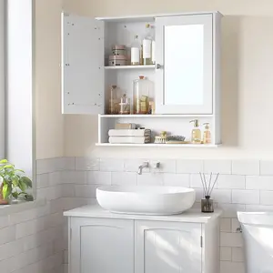 VASAGLE Bathroom Cabinet with Mirror, Wall Cabinet with Mirrored Doors and Open Compartment, Adjustable Shelf, Wall-Mounted, White