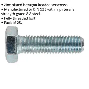 25 Pack M10 x 35mm HT Setscrews - Grade 8.8 Zinc Coated Fully Threaded DIN 933