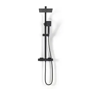 8 Inch Black Square Wall-mount Handheld Head and Rainfall Shower Head Bathroom Thermostatic Mixer Shower Set