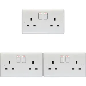 3 PACK 2 Gang Double Pole 13A Switched UK Plug Socket - WHITE Wall Power Outlet