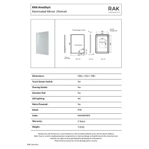 RAK Amethyst 500x700mm Silvery White Square with Touch Sensor Illuminated Mirror IP44