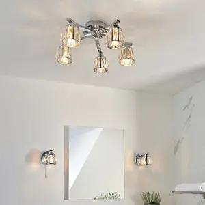 Luminosa Ria Bathroom Multi Arm Glass Semi Flush Ceiling Lamp, Chrome Plate, Crystal Glass, IP44