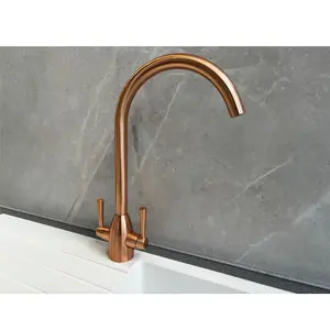 Liquida W05CP Swan Neck Swivel Spout Twin Lever Copper Kitchen Mixer Tap