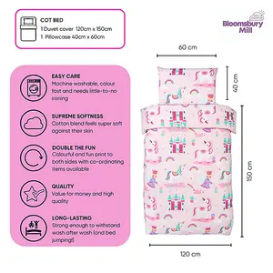 Bloomsbury Mill - Magic Unicorn Kids Toddler Cot Bed Duvet Cover and Pillowcase Set for Girls - Cot Bed - 150 x 120cm