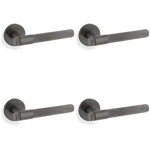 4 PACK - SOLID BRASS Knurled Door Handle Set - Dark Bronze Bar Lever on Round Rose