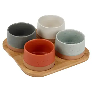 URBNLIVING 5 Pc Stoneware Serving Condiment Sets Snack Dishes Bamboo Board Platter