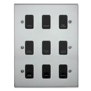 Polished Chrome Customised Kitchen Grid Switch Panel with Black Switches - 9 Gang